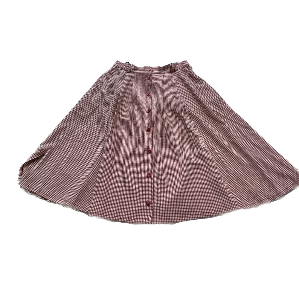 YESSICA Skirt Full Pleated Midi Red Cream Check Sz 42 Button Up Pockets Vintage